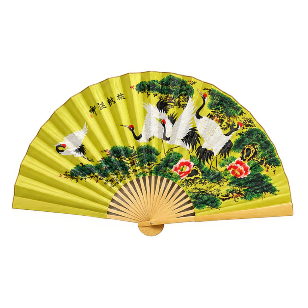 Crane & Pine — Large Chinese Folding Fan Wall Decor | Yellow | 1.1 m when unfolded | Handcrafted in China