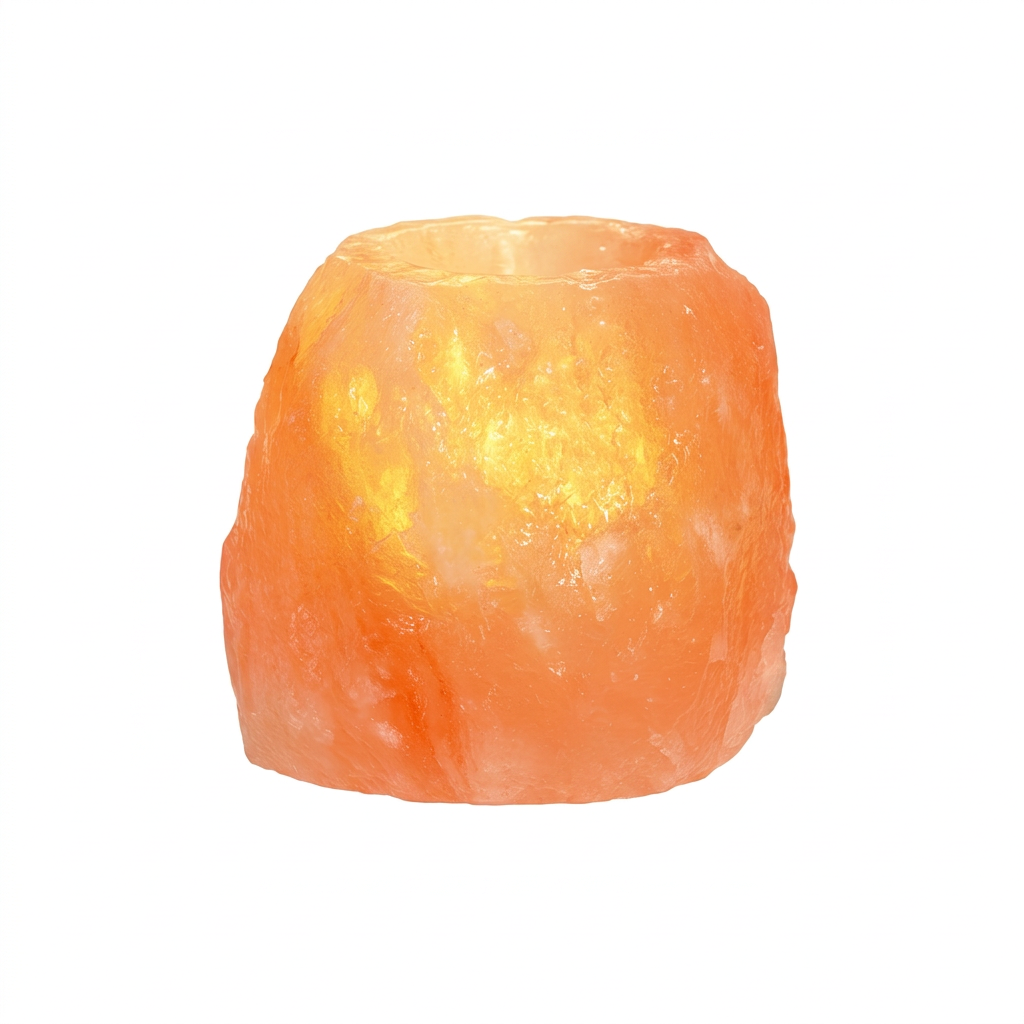Natural Himalayan salt candle holder centred on a white background