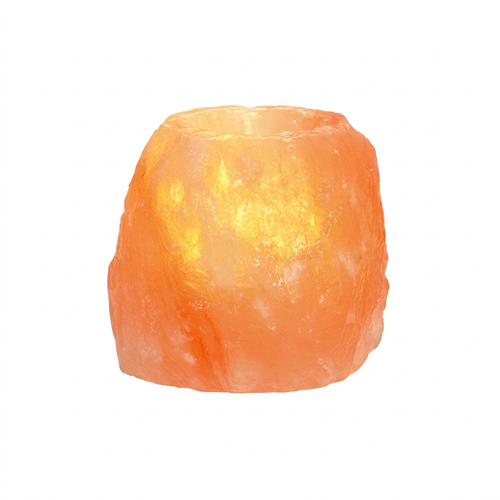 Natural Himalayan salt candle holder centred on a white background